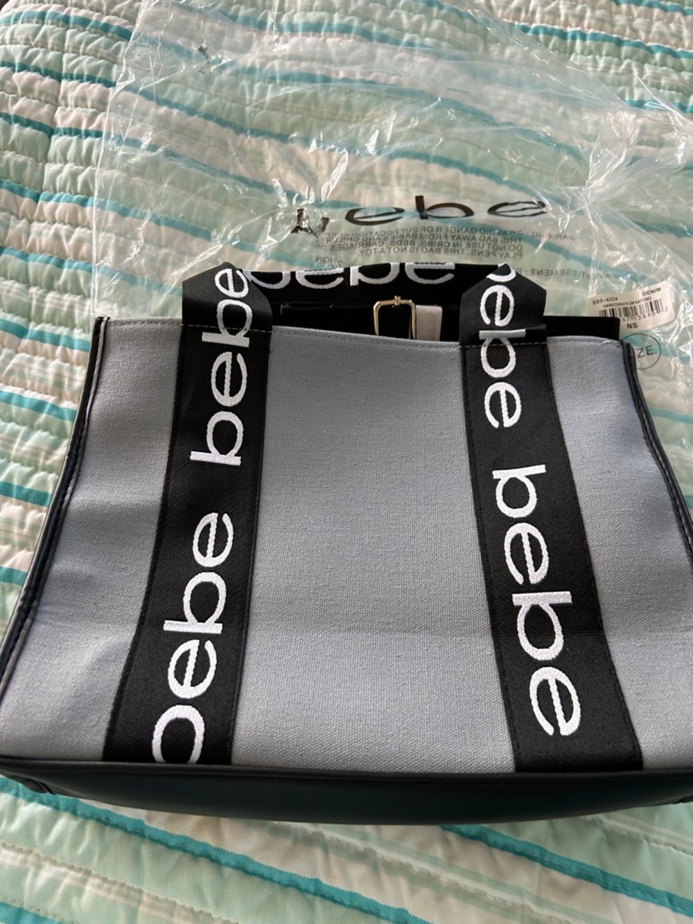 bebe Light Gray Tote with Black Logo Straps